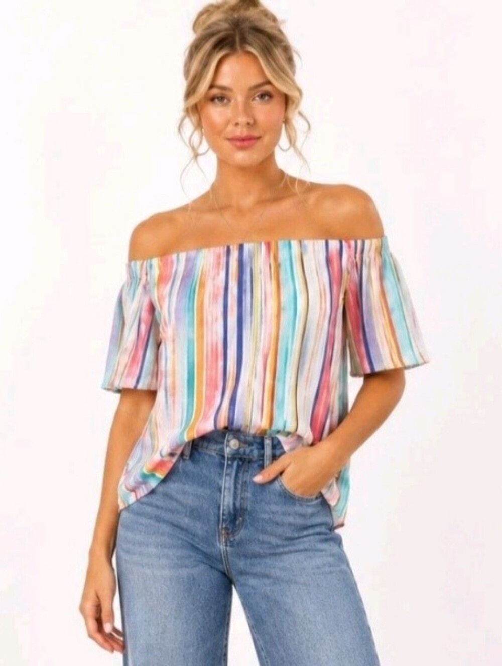 DO+BE Multicolor Stripe Off Shoulder Blouse Size M Boho Coastal Festival Top
